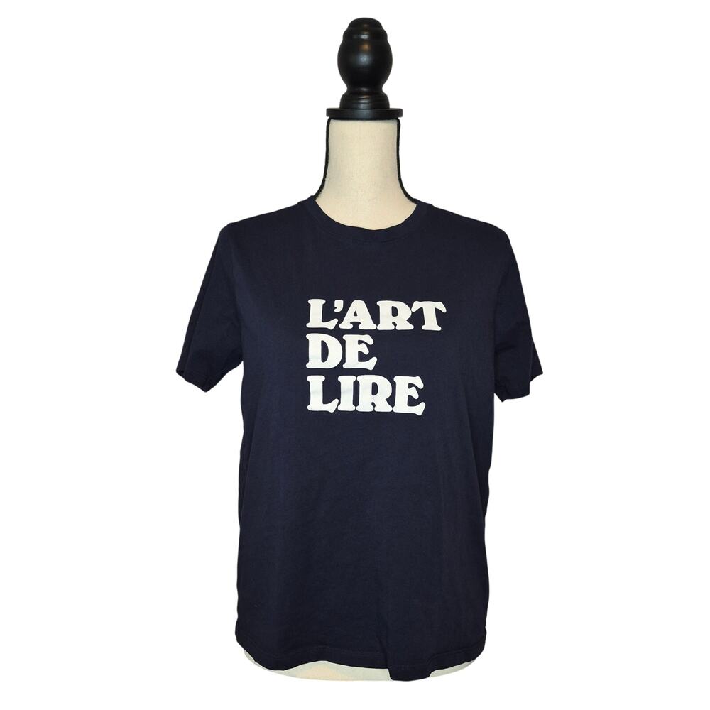 Sezane L'art de Lire T-Shirt Navy Blue Graphic Cotton Short Sleeve Womens Sz M